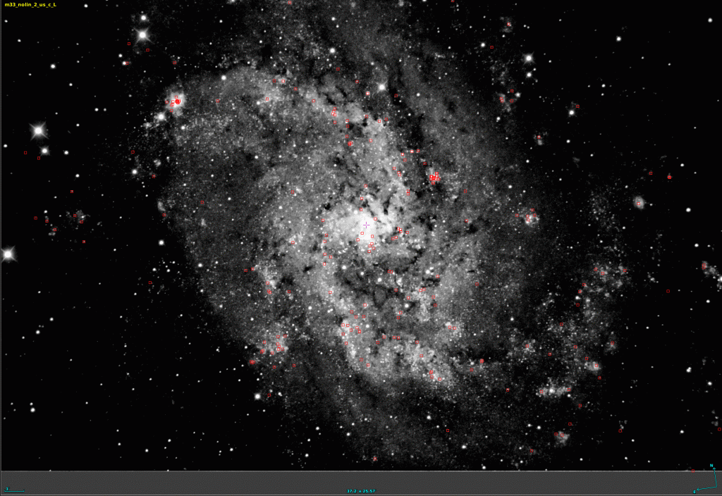 Blinkendes Bild der Wolf-Rayet-Sterne im M33. Rotumrandet=alle, dann WN in grün, dann WC in lila.