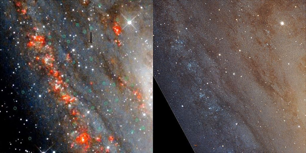 Links Ausschnitt aus unserem Bild von M31 (Aufnahme Harald Simon). Deutlich sind die PN sichtbar. Rechts Ausschnitt aus "heic1502a", nix zu sehen von irgendeinem.