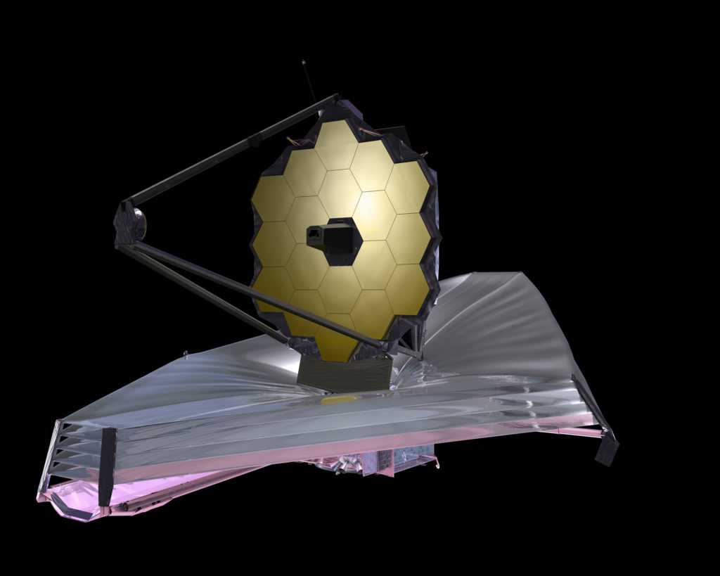 JWST wie es mal bei der Arbeit aussehen soll. Aus Wikipedia entnommen.