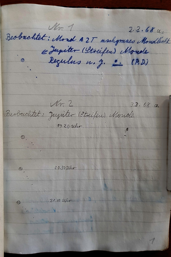 Die ersten Einträge in meinem Astronomischen Tagebuch von 1968.